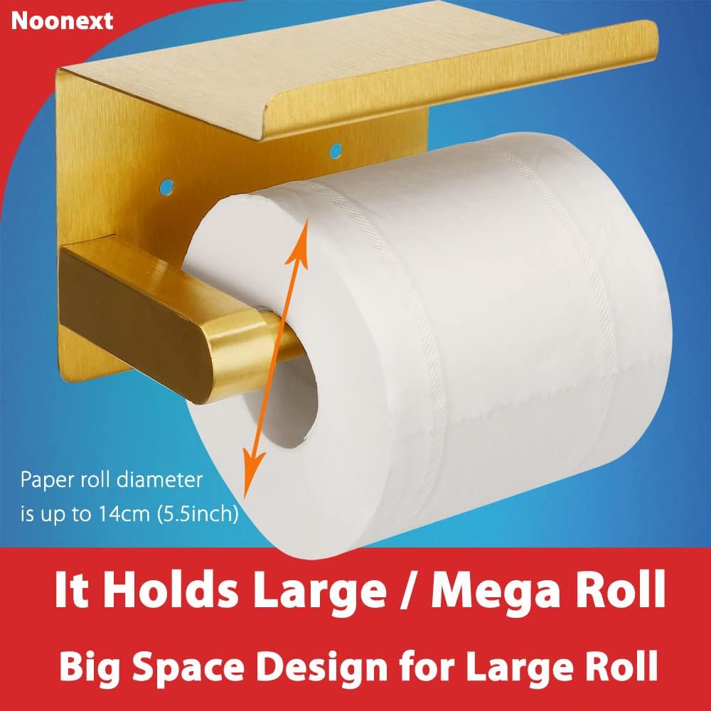Soporte de papel higiénico dorado, soporte de papel higiénico adhesivo con estante para teléfono, soporte para rollo de papel higiénico SUS304 de