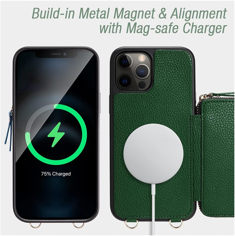 ZVE Magsafe Funda con cartera, bloqueo de interferencia de radiofrecuencia y cargador inalámbrico para el iPhone 12 Pro, funda cruzada de cuero con