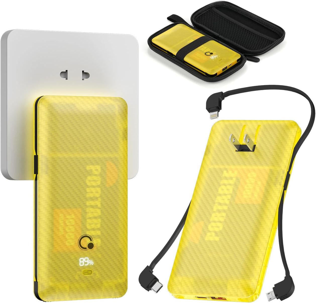 Cargador portátil de 10000 mAh con enchufe de pared de CA, cargador de teléfono Q Slim USB C de 20 W, batería externa con 3 cables integrados