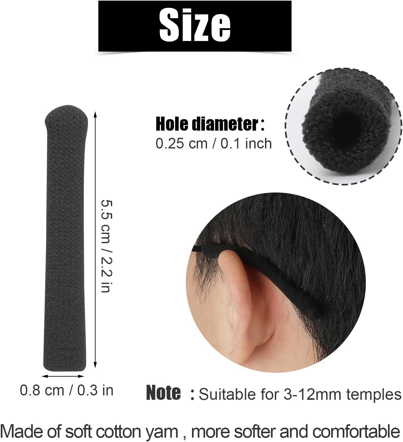 4 pares de puntas de patillas para gafas, antideslizantes, almohadillas de punto suave para lentes de sol, lentes de lectura (negro, gris, marrón +
