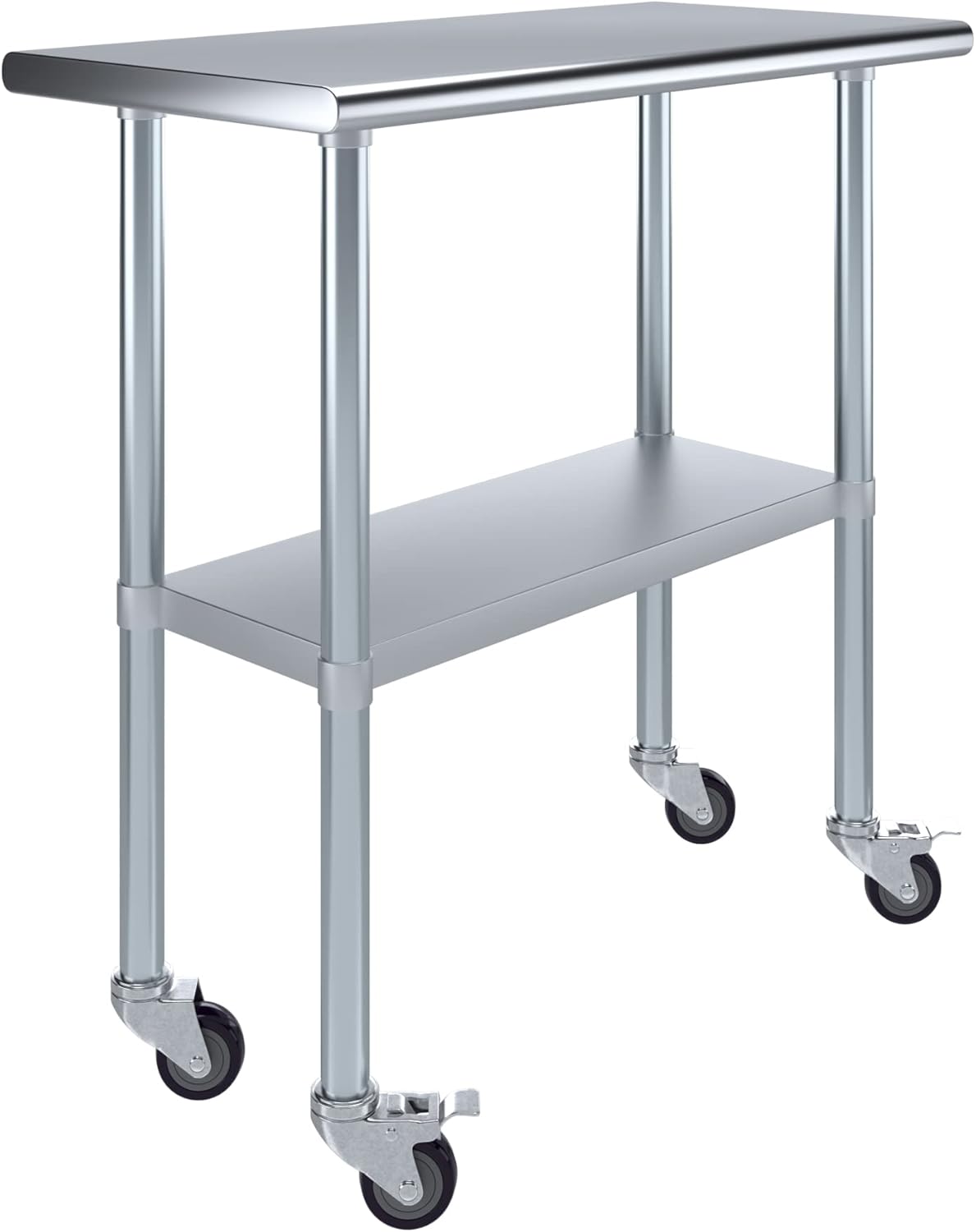 Mesa de trabajo comercial de acero inoxidable con estante inferior y ruedas (18×36)