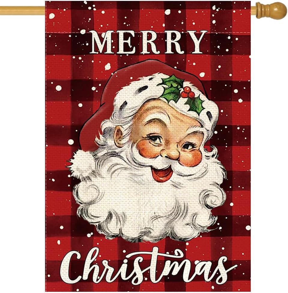 RABUSOFA Bandera de casa de Papá Noel con texto en inglés “Merry Christmas” de 28 x 40 pulgadas, de doble cara, vintage, a cuadros, decoración de