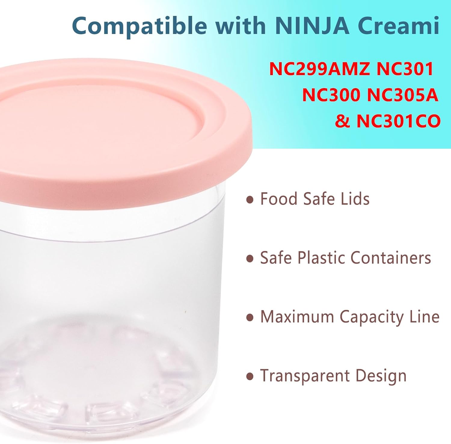 Recipientes de repuesto para ninja creami y tapas rosadas, compatibles con NC299AMZ NC301 NC300 Series