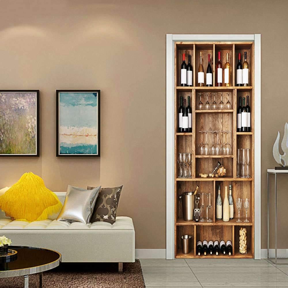 Adhesivos 3D para puerta, murales para despegar y pegar, gabinete de vino, papel tapiz para puerta, calcomanías autoadhesivas de PVC extraíbles,