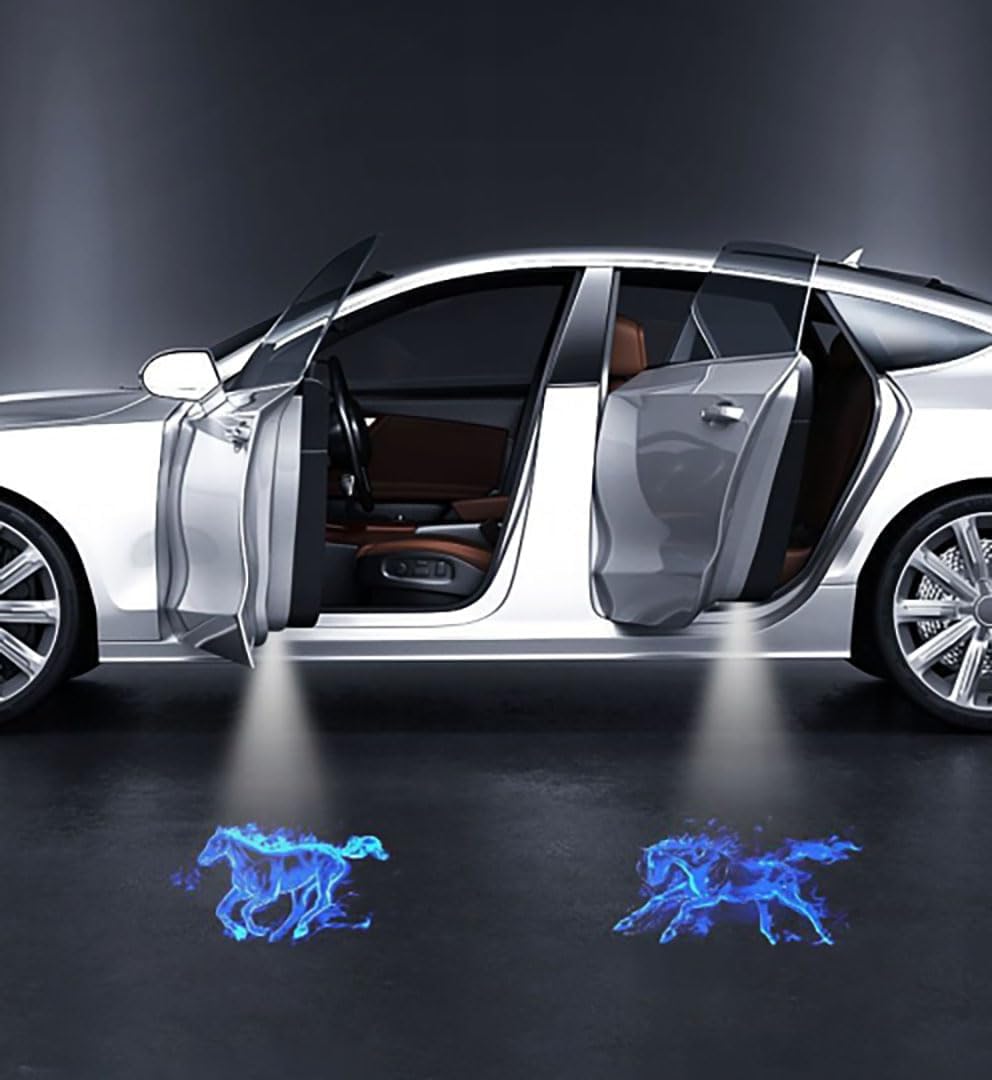 2 luces de caballo azules dinámicas inalámbricas con sensor de puerta de automóvil, LED, HD, bienvenida, cortesía, sombra fantasma, lámpara