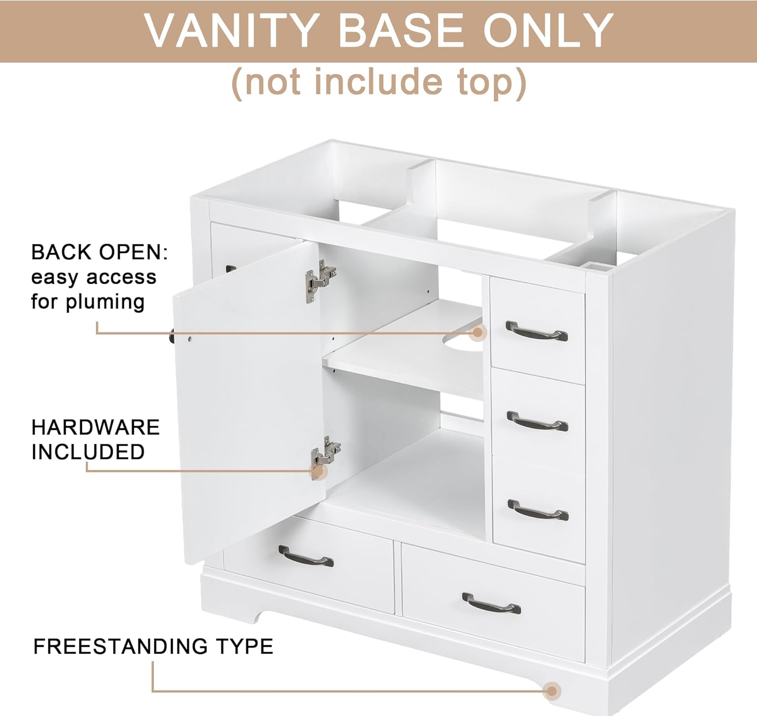 Harper & Bright Designs Tocador de baño de 36 pulgadas sin fregadero, gabinete de baño de madera independiente con 6 cajones y un gabinete con