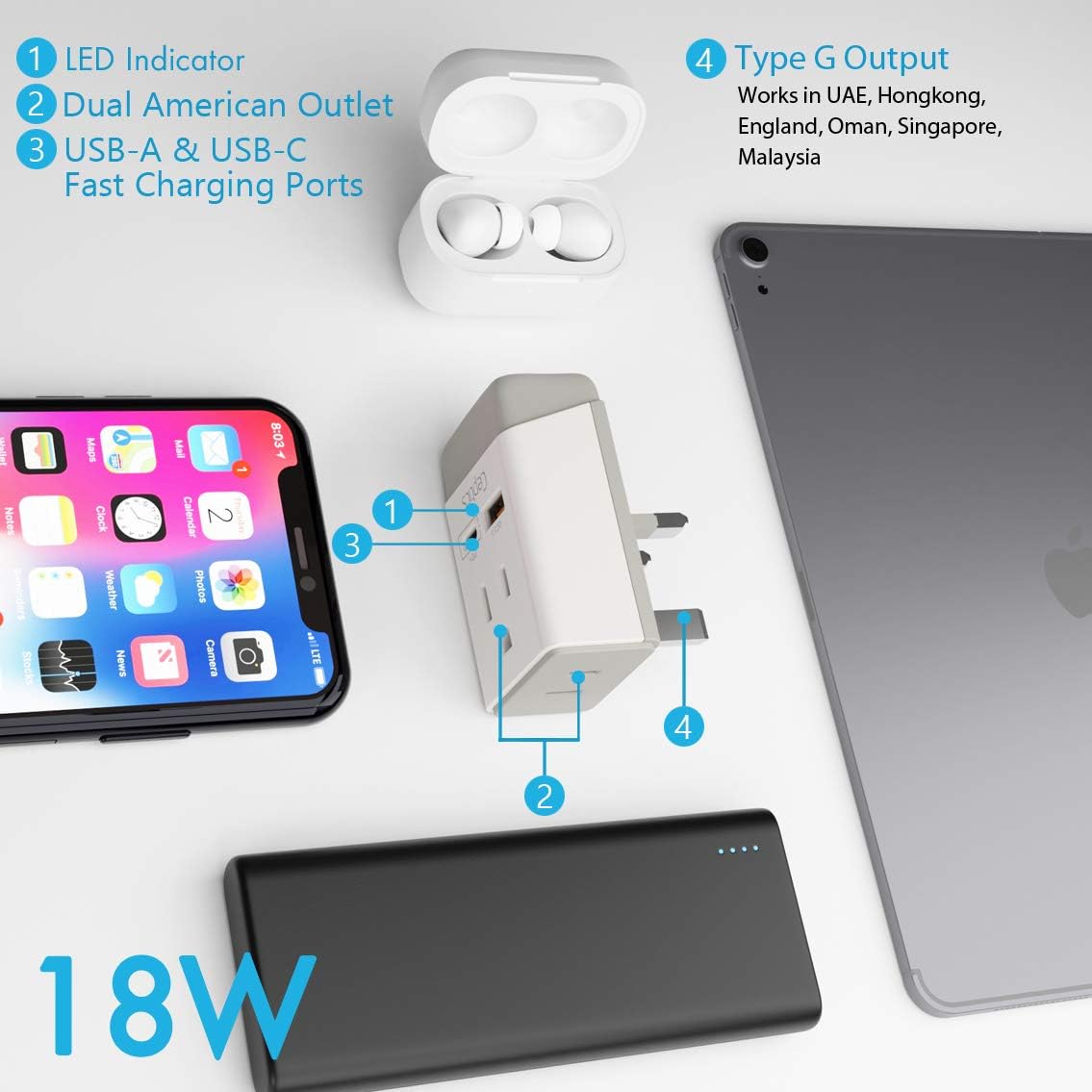 Ceptics Adaptador de enchufe de Hong Kong, enchufe internacional con USB y USB-C – 2 enchufes de EE. UU., QC 3.0 y PD – Adaptador de salida tipo G