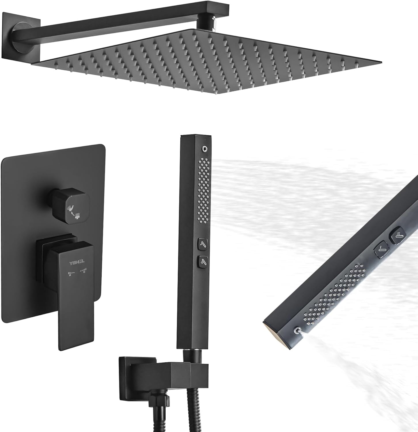 Sistema de ducha negro mate con cabezal de ducha cuadrado de 12 pulgadas y rociador de mano, juego combinado de accesorios de ducha de baño de alta