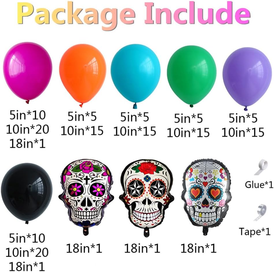 Kit de guirnalda de arco de globos del Día de los Muertos, decoración de fiesta del Día de los Muertos, 147 globos coloridos con globos de aluminio