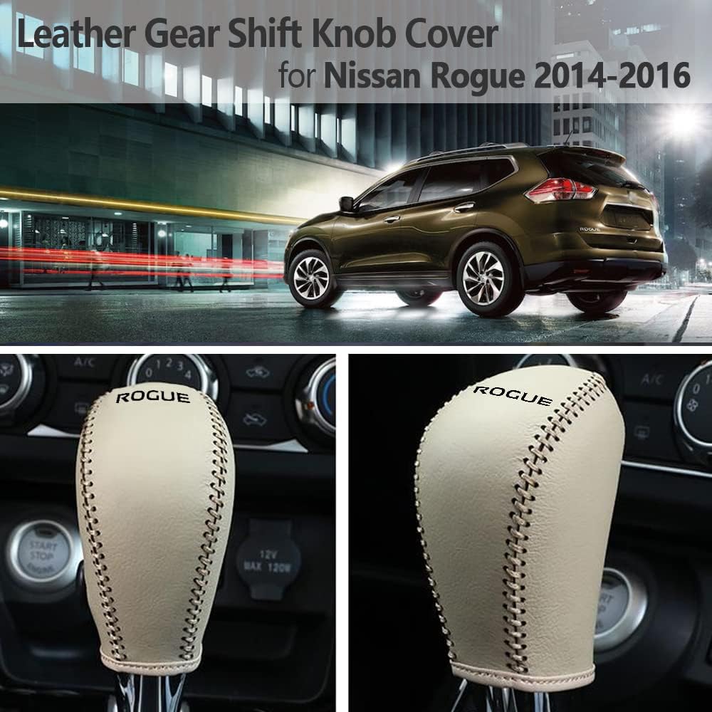 CEBAT Cubierta de la perilla de la palanca de cambios de transmisión automática, funda de cuero para Nissan Rogue 2014-2016 (puntadas beige)