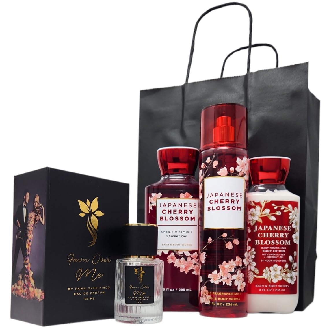 Bath and Body – Juego de regalo de trío de cerezos japoneses con perfume Fawn Over Me y bolsa de regalo