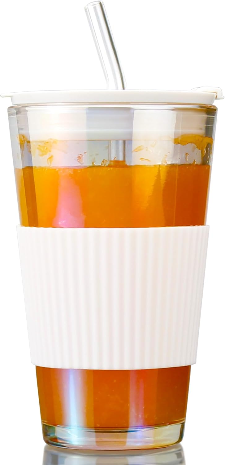 Vaso de vidrio de 15 onzas con popote de vidrio y tapa, taza de café helado Aurora de 15.2 fl oz con funda protectora de silicona, cabe en
