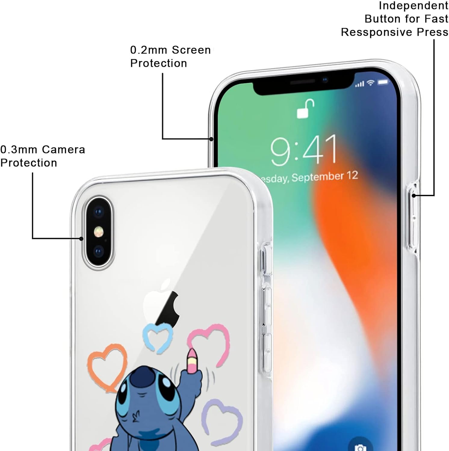 Paquete de 2 Linda funda para Apple iPhone X, funda protectora de TPU suave transparente transparente de personaje Kawaii de dibujos animados para