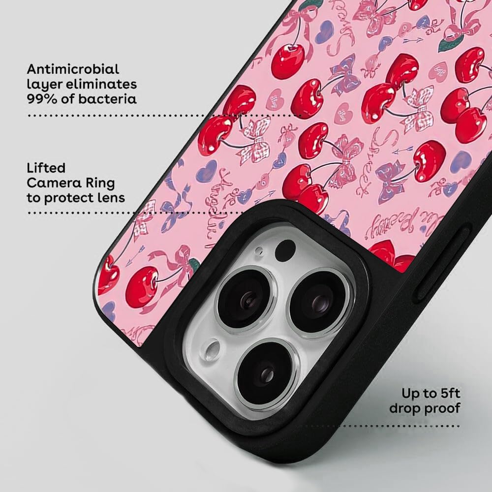 Bow – Funda protectora para iPhone 15 14 13 12 11 Pro Max Plus Mini XR X XS 7 8 SE, diseño de cinta de cereza rosa coqueta absorbente de golpes para