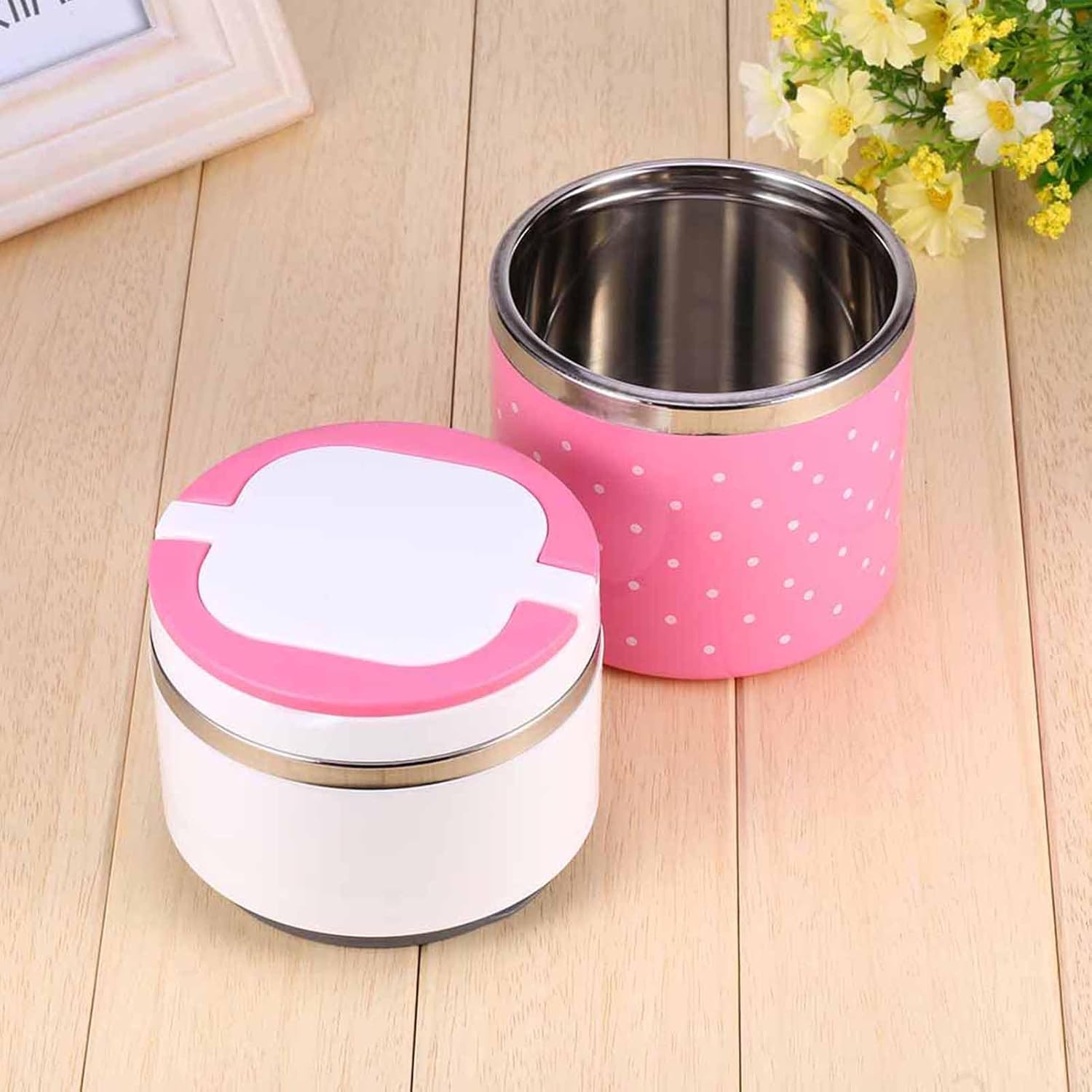 Aramox Lonchera térmica térmica de acero inoxidable de 2 capas, contenedor de alimentos con compartimento caliente, fiambrera Bento, lonchera