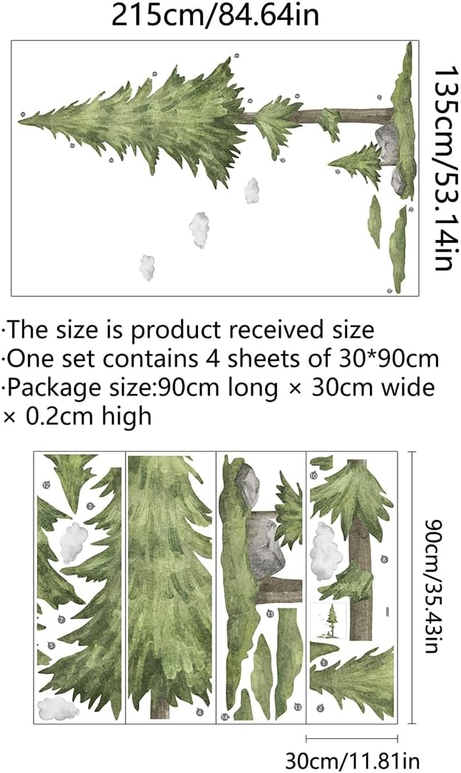 Calcomanías de pared de árbol verde gigante, ramas de pino grandes, calcomanías de pared para bricolaje, despegar y pegar, acuarela, bosque, bosque,