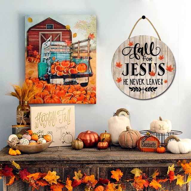 SRongmao Letreros religiosos de madera con texto en inglés “Fall For Jesus He Never Leaves para puerta delantera, porche, casa de campo, coronas de