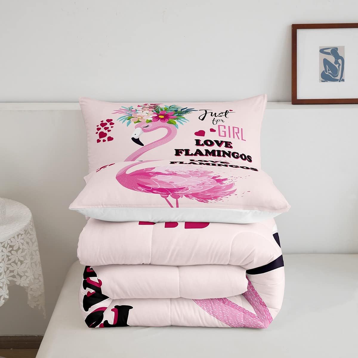 Juego de edredón de flamenco rosa para niñas, ropa de cama de flamenco tropical, juegos de ropa de cama de animales florales hawaianos, edredón de
