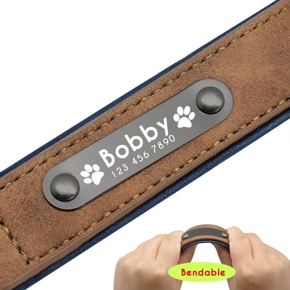 Didog Collar de perro de cuero personalizado, collares de perro grabados con placa de identificación personalizada, collar personalizado acolchado