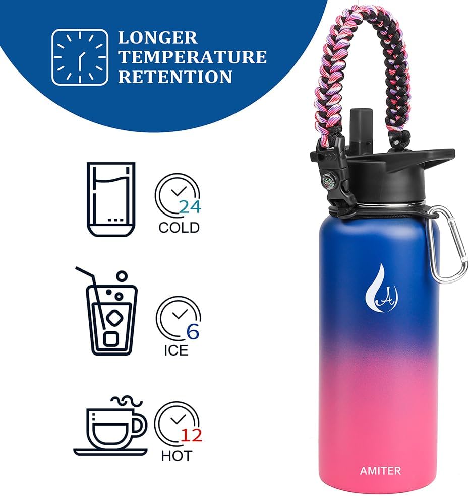 Amiter – Botella de agua con tapa de boca ancha, pajita y asa (22, 32, 40 o 64 onzas), botella de acero inoxidable 188 con aislamiento al vacío,