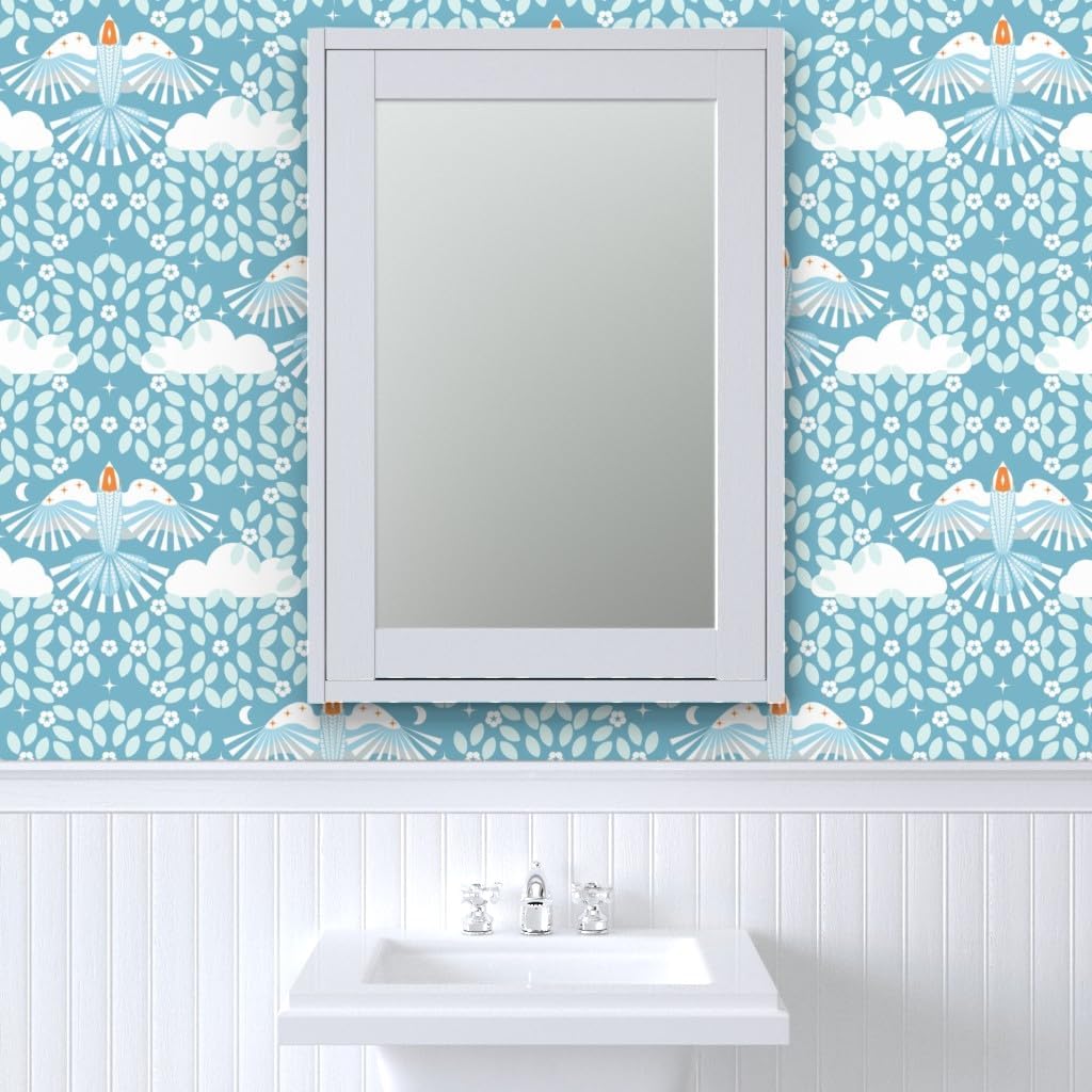 Spoonflower Removable Wallpaper 9ft x 2ft – Blue Sky Folk Art Orange Aqua Maximalist Magic Lucid Dreaming Scandi Scandinavian Mystical Large Custom