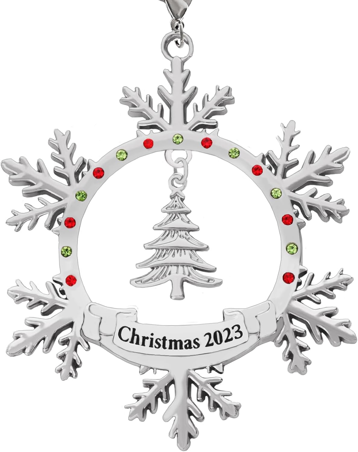 Adorno de Navidad 2023 de metal plateado brillante, adorno de Navidad, copo de nieve, colgante colgante para familia, bebé, pareja, conmemorativo,