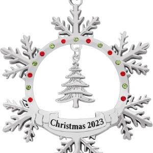 Adorno de Navidad 2023 de metal plateado brillante, adorno de Navidad, copo de nieve, colgante colgante para familia, bebé, pareja, conmemorativo, Adorno de Navidad 2023 de metal plateado brillante, adorno de Navidad, copo de nieve, colgante colgante para familia, bebé, pareja, conmemorativo,