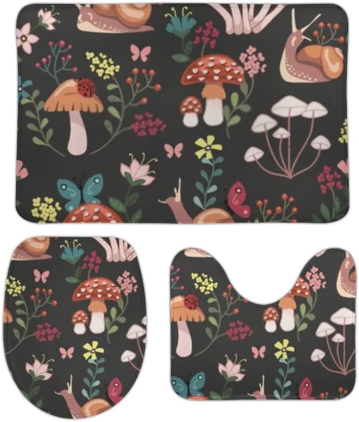 Hapuxt Juego de tapetes de baño antideslizantes, incluye tapete de contorno en forma de U, funda para asiento de inodoro, setas, caracoles, flores