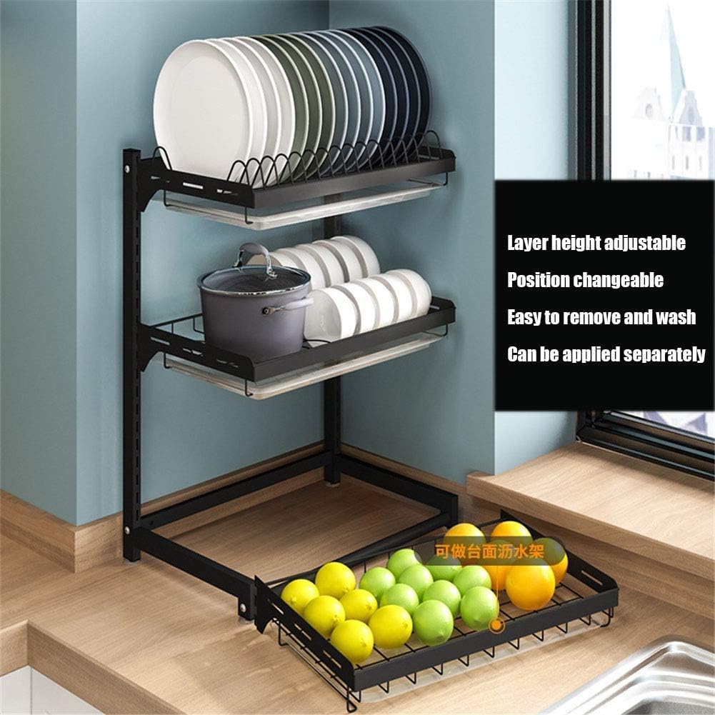 Estante de secado de platos de 3 niveles ajustable de cocina con tabla de drenaje extraíble, cromo resistente de gran capacidad, organizador de