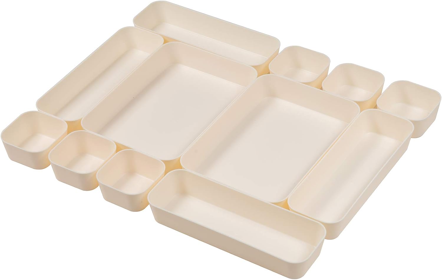 Backerysupply Juego de 12 organizadores de cajones de escritorio de plástico de color beige para maquillaje, baño, oficina, cocina, cajón, caja de