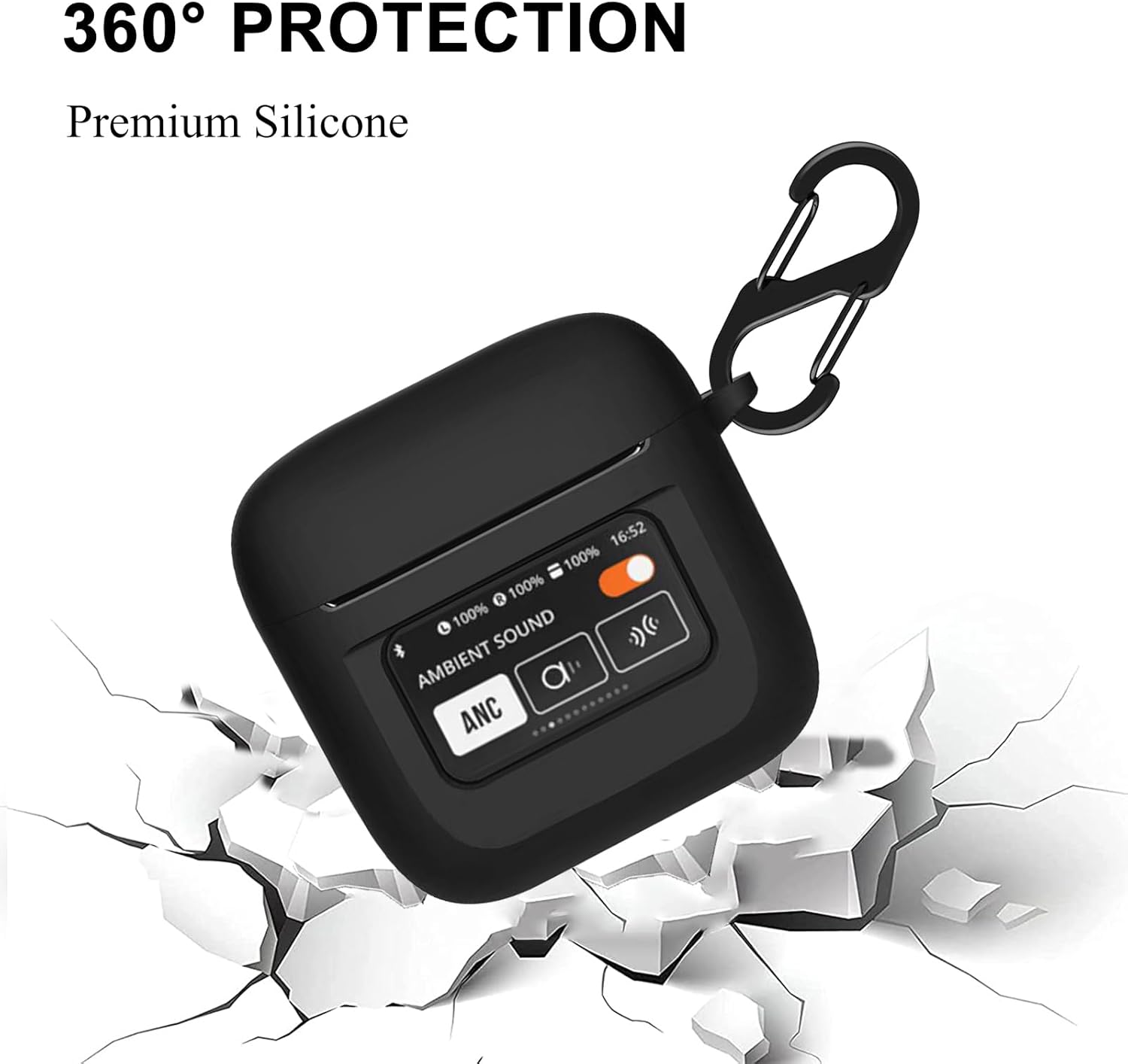 Funda de silicona para auriculares JBL Tour Pro 2 2023, funda protectora a prueba de golpes con accesorios de mosquetón (negro)