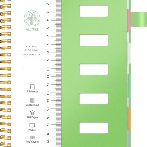 ALLTREE – Cuaderno de 5 asignaturas con rayas universitarias, espiral de 5 materias con 4 divisores y pestañas de colores, 200 páginas, suministros ALLTREE – Cuaderno de 5 asignaturas con rayas universitarias, espiral de 5 materias con 4 divisores y pestañas de colores, 200 páginas, suministros
