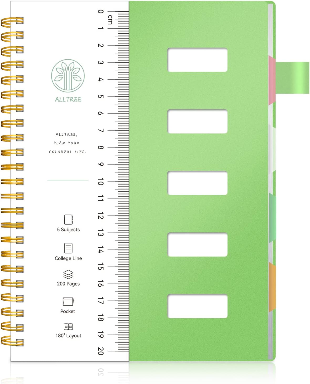 ALLTREE – Cuaderno de 5 asignaturas con rayas universitarias, espiral de 5 materias con 4 divisores y pestañas de colores, 200 páginas, suministros