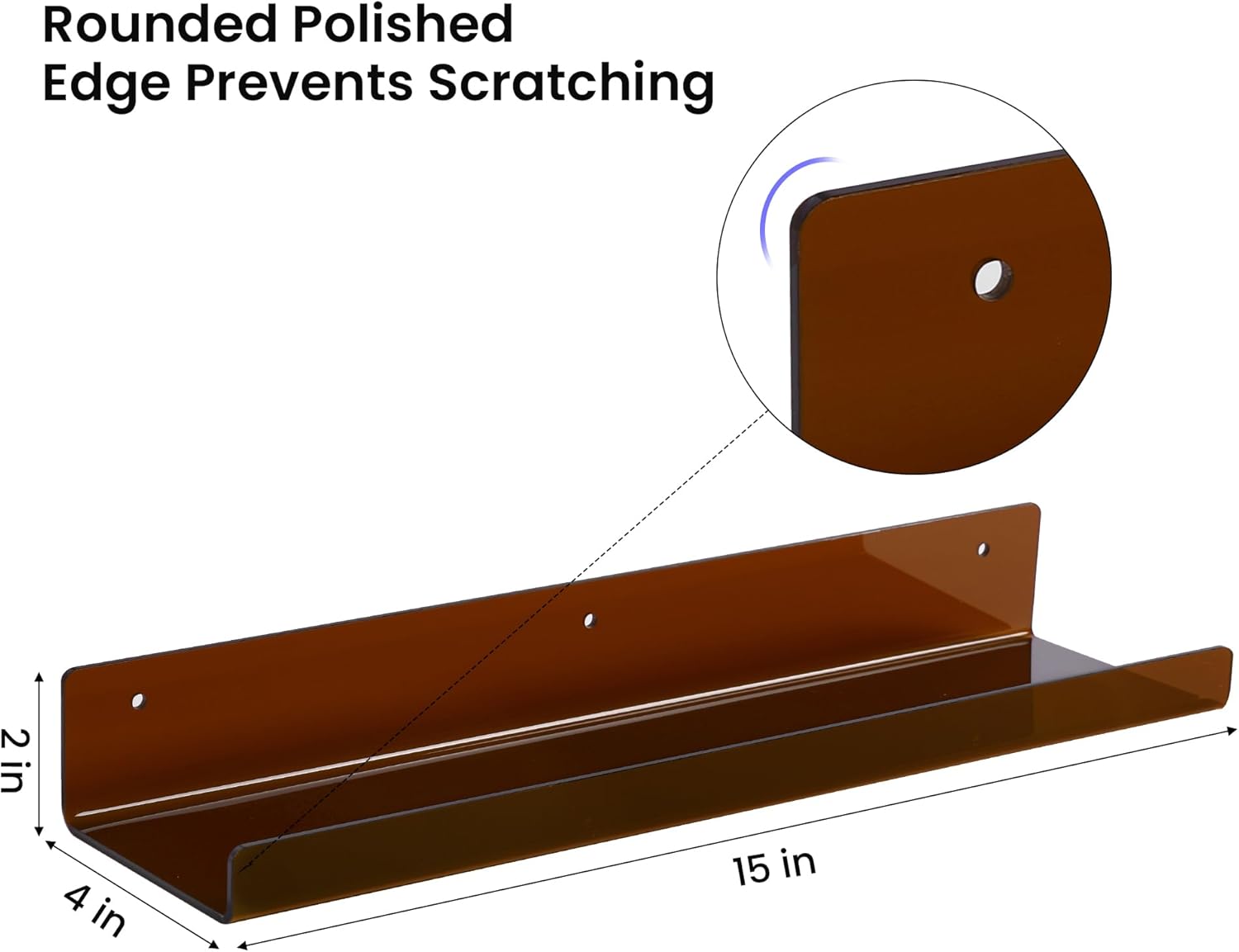 upsimples Estantes de acrílico marrón transparente para almacenamiento en la pared, estantes flotantes de acrílico de 15 pulgadas montados en la