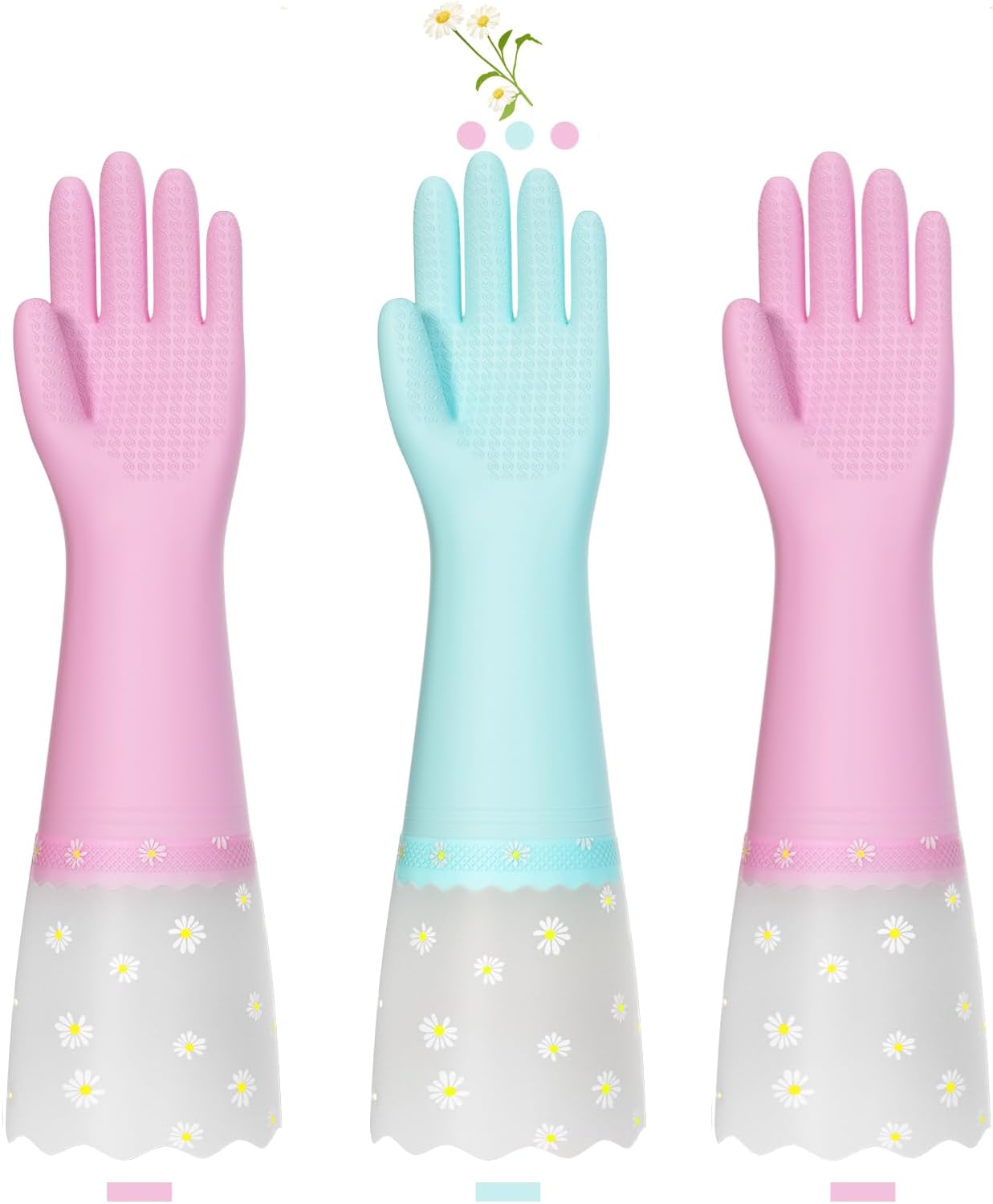 KAQ Guantes de goma para lavar platos de cocina, 3 pares de guantes de limpieza reutilizables para el hogar con forro de algodón, guantes de