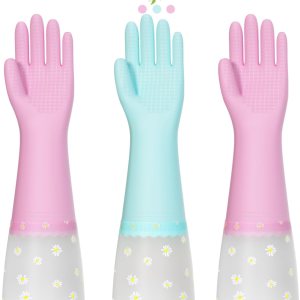 KAQ Guantes de goma para lavar platos de cocina, 3 pares de guantes de limpieza reutilizables para el hogar con forro de algodón, guantes de KAQ Guantes de goma para lavar platos de cocina, 3 pares de guantes de limpieza reutilizables para el hogar con forro de algodón, guantes de