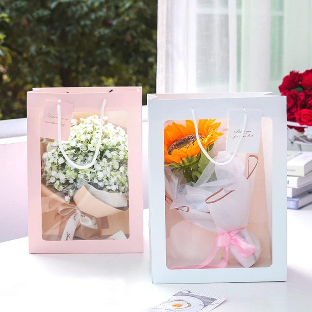 iplusmile 10 bolsas de regalo rosas con ventana, bolsas de regalo de ramo de flores con asas de 13.4 x 9.1 x 3.9 pulgadas, bolsa de compras de papel