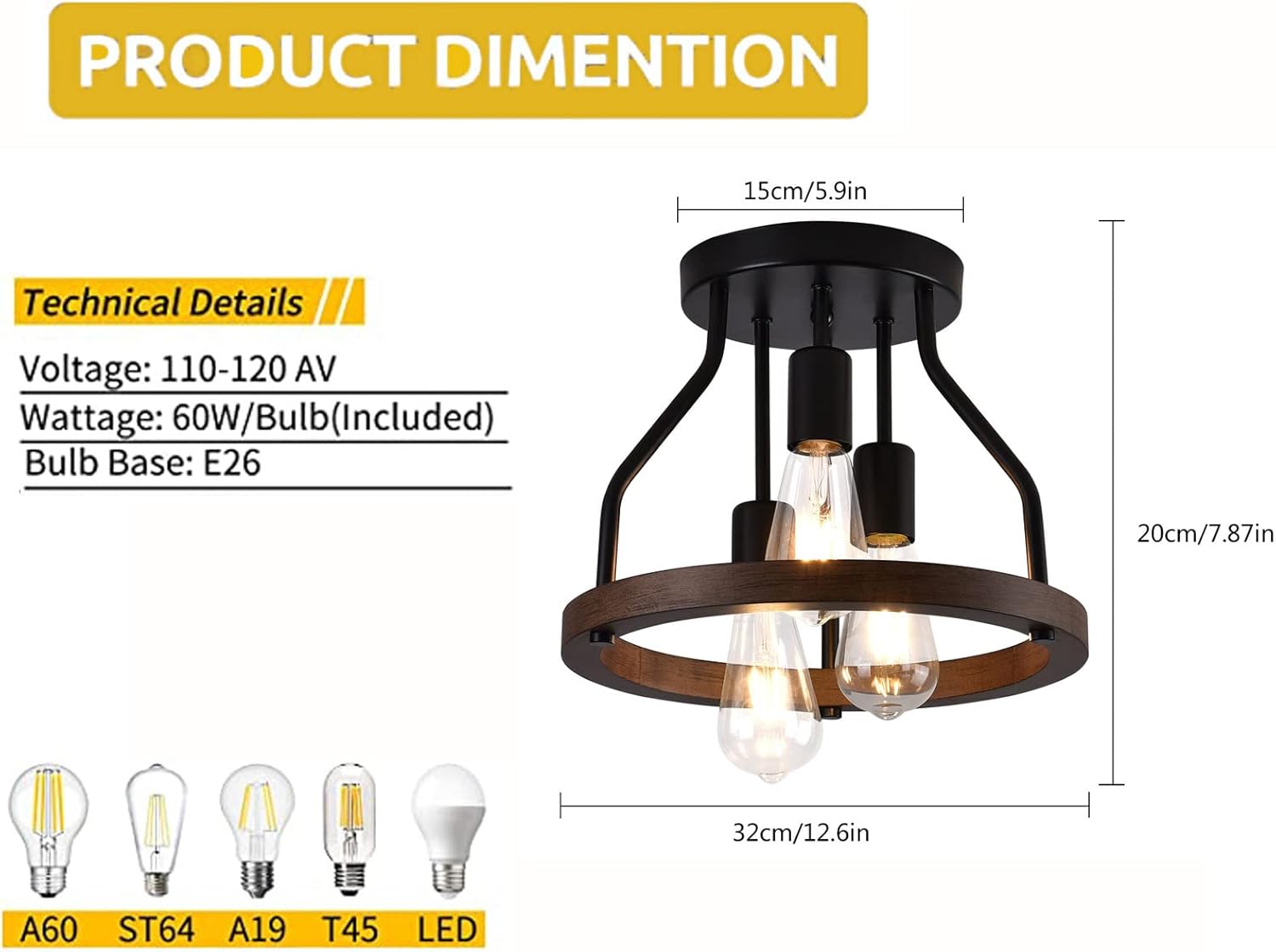 Lámpara de techo empotrada de 3 luces, marco de madera + pantalla de metal negro, lámpara de techo rústica para cocina, comedor, pasillo,