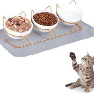 Trosetry Juego de 3 cuencos de cerámica elevados para gatos con alfombrilla de comida para mascotas, cuenco elevado de 15 inclinado para bebidas Trosetry Juego de 3 cuencos de cerámica elevados para gatos con alfombrilla de comida para mascotas, cuenco elevado de 15 inclinado para bebidas