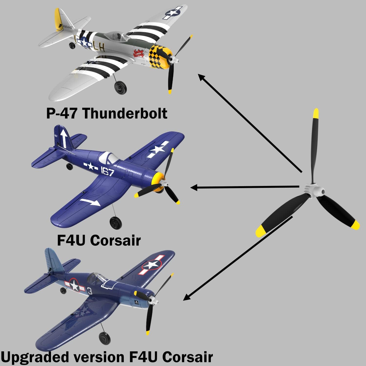 LEAMBE 3 juegos de hélices de avión RC de repuesto compatibles con F4U Corsair y P47 Thunderbolt Control remoto Avión cono de nariz