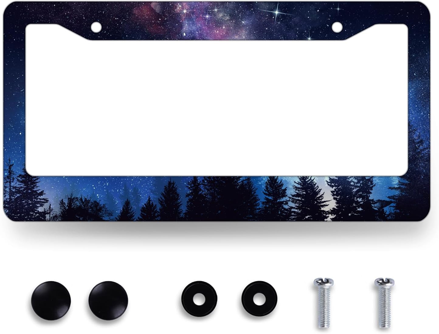 Marco de matrícula de Galaxy Forest, diseño de estrellas espaciales, color azul y morado, personalizable de acero inoxidable colorido, piezas de