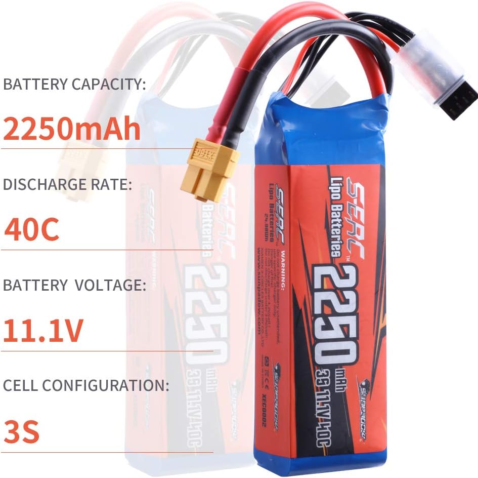 SUNPADOW Batería Lipo RC de 11.1V 3S 40C 2250mAh con conector XT60 recargable para avión RC Quadcopter, helicóptero, drone FPV Racing Hobby (2