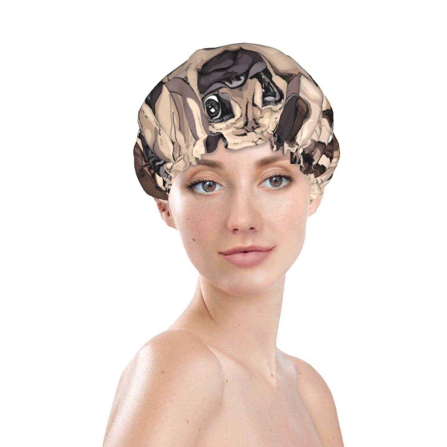 Lindo gorro de ducha de perro carlino para mujer, doble capa impermeable, sombrero de ducha grande diseñado para todos los cabellos