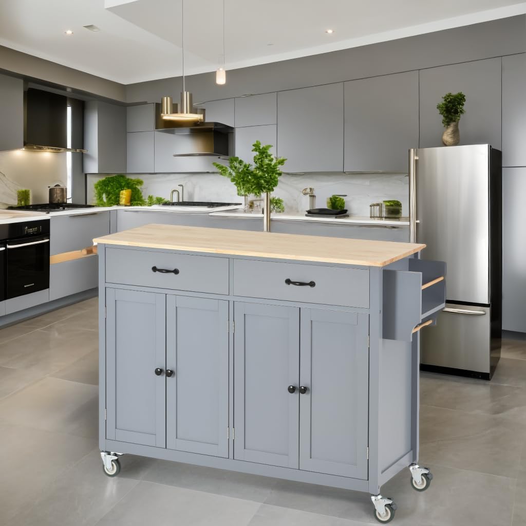 Isla de cocina rodante con almacenamiento, carrito de mesa de cocina portátil, 2 cajones y ruedas con cerradura, 2 gabinetes, encimera de madera de