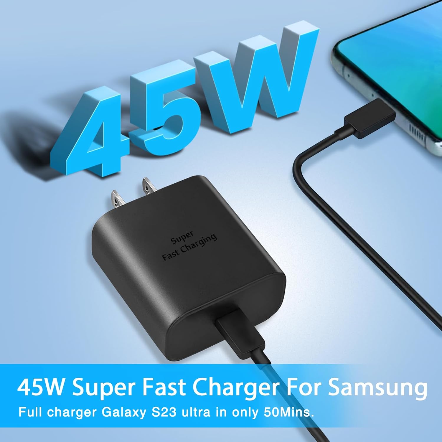 Cargador súper rápido de 45 W, cargador de teléfono Android USB C de carga rápida tipo C con cable de 5 pies para Samsung Galaxy S24 S23 S21 S20