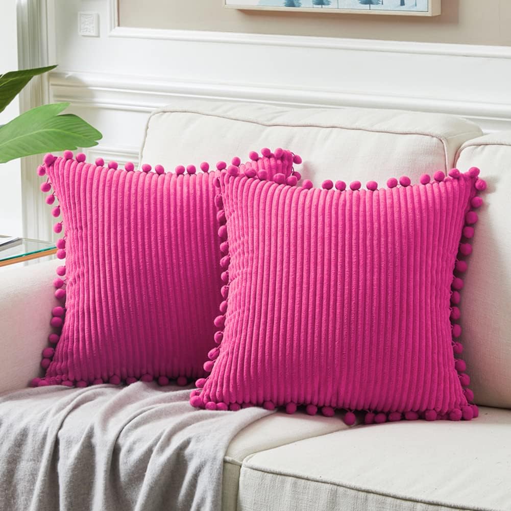 Fancy Homi Juego de fundas de almohada decorativas de pana suave con pompones, fundas de cojín cuadradas sólidas para sofá, dormitorio, automóvil,