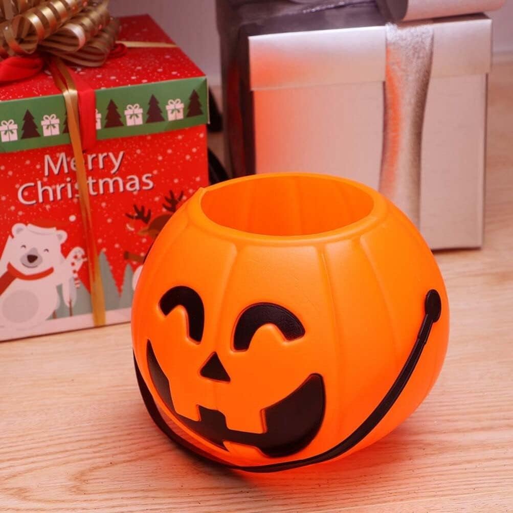 Abaodam Cubo de calabaza de Halloween portátil para dulce o truco, cubo de almacenamiento de caramelos Jack O Lantern, cubo de plástico para dulces