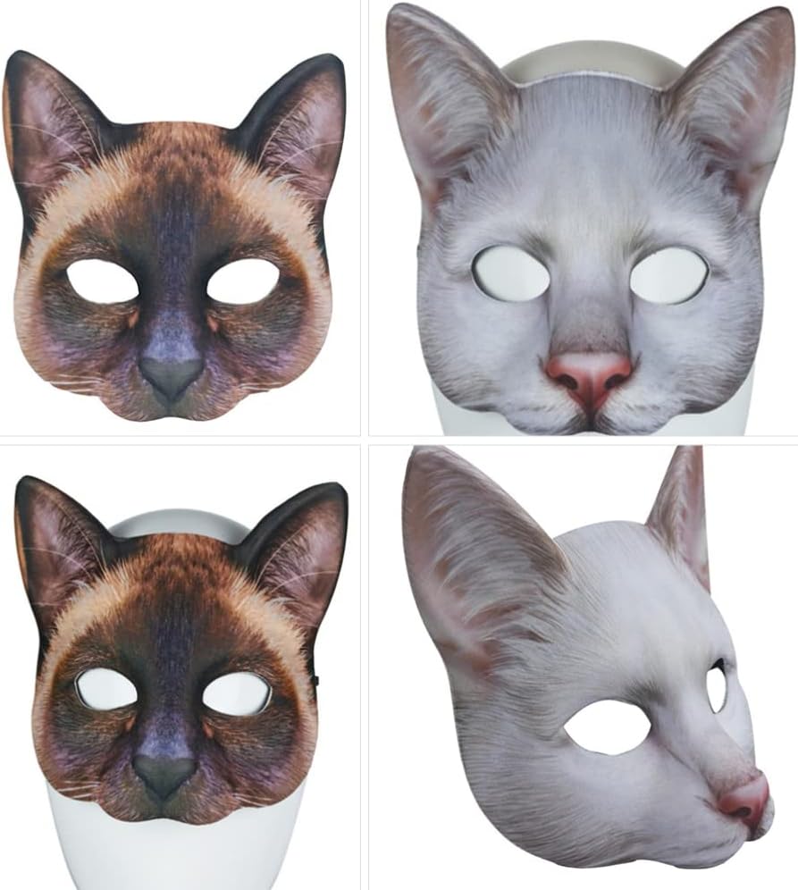 Abaodam 2 máscaras realistas de gatos, animales de media cara, de atigrado, suministros para fiesta de disfraces de Halloween (marrón, blanco)