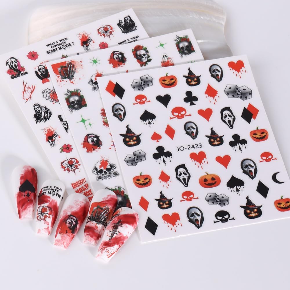6 hojas de calcomanías de arte de uñas de Halloween 3D, autoadhesivas, bruja, gato negro, calavera, araña, calabaza, fantasma, diseño de uñas,