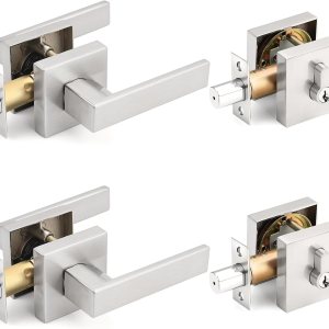 Cerradura de puerta de entrada con llave con cerrojo, palanca de paso reversible y cerrojo de un solo cilindro con llave, manija cuadrada de níquel Cerradura de puerta de entrada con llave con cerrojo, palanca de paso reversible y cerrojo de un solo cilindro con llave, manija cuadrada de níquel
